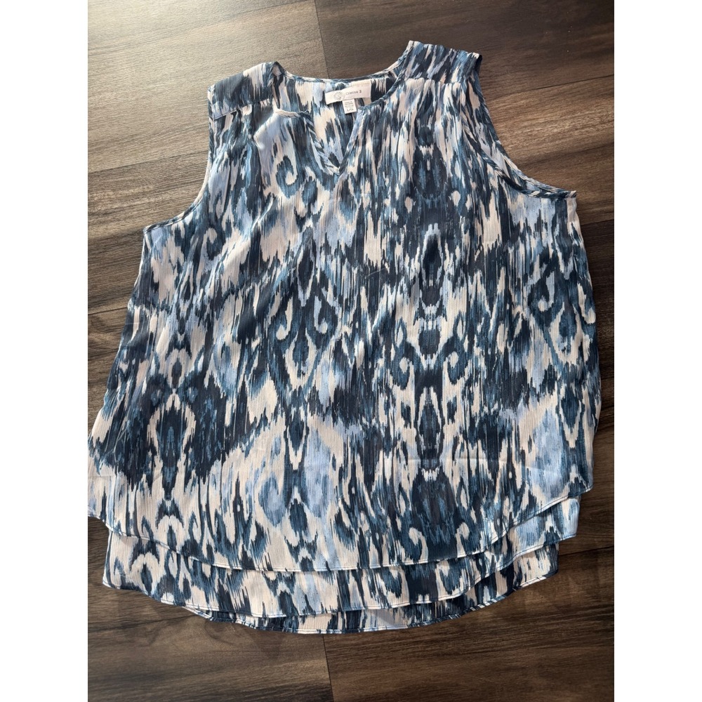 Cristina B Womens Blue White Ikat Print Split V-Neck Layered Sleeveless Blouse L